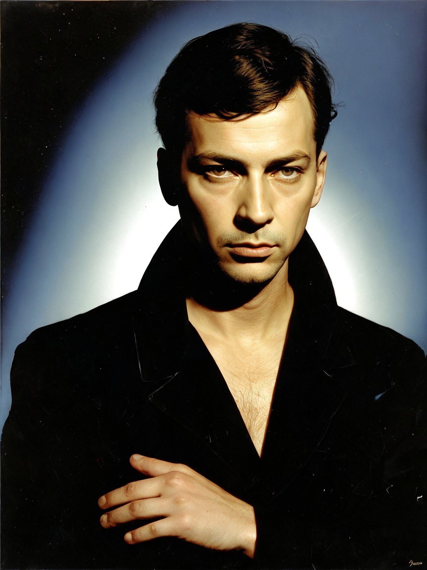 Solemn Man in Black Jacket Against Blue Background