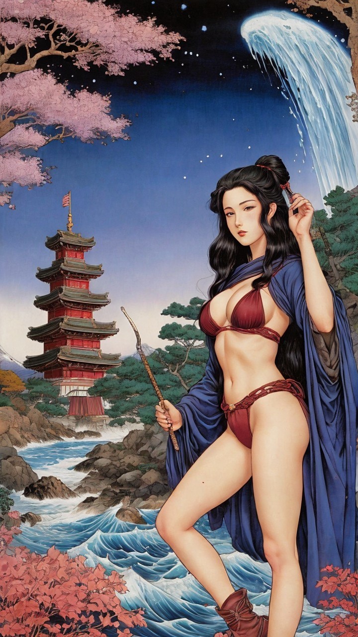 Female figure by river with cherry blossoms and pagoda