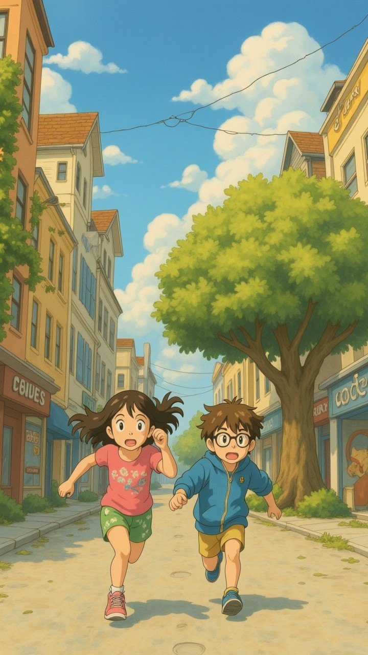Kids Running on a Sunny Street with Charming Shops