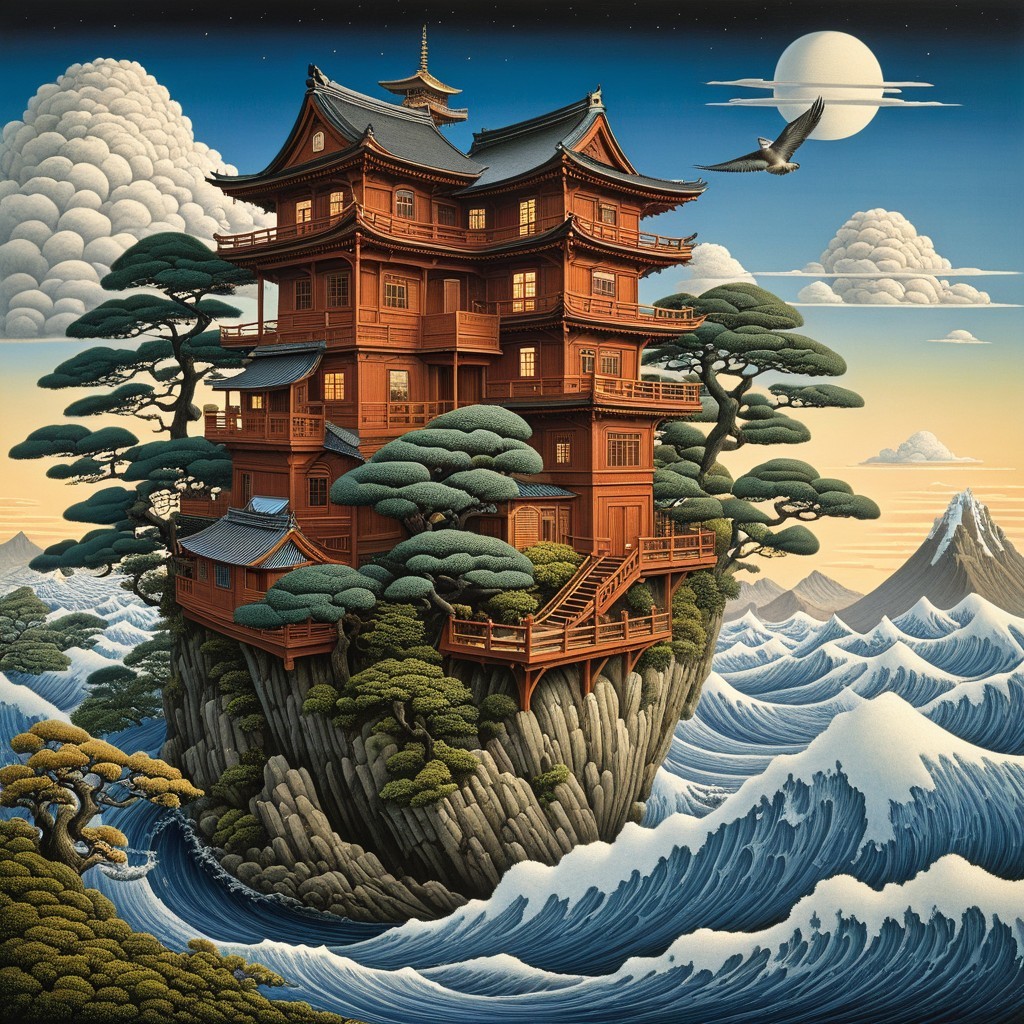 Majestic Wooden Building on Rocky Cliff at Sunset