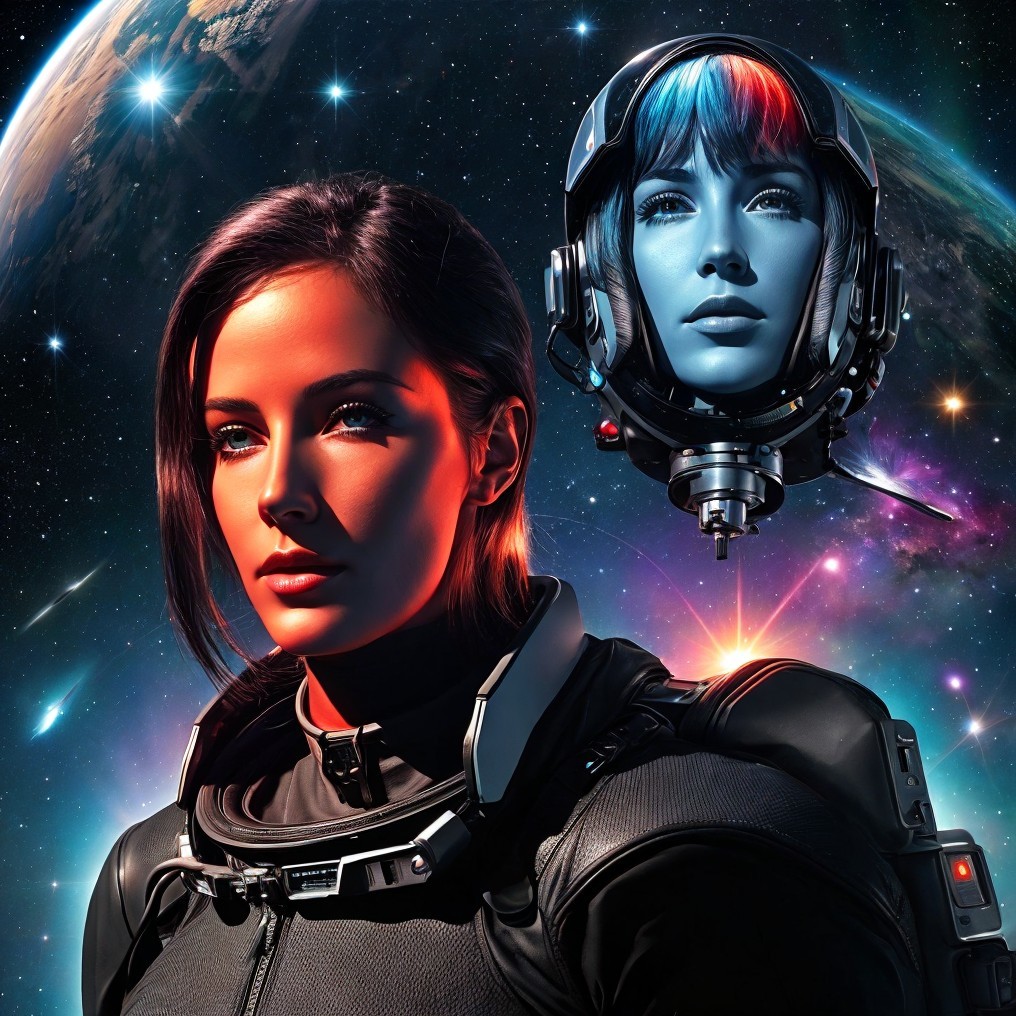 Space-themed scene with astronaut and futuristic figure