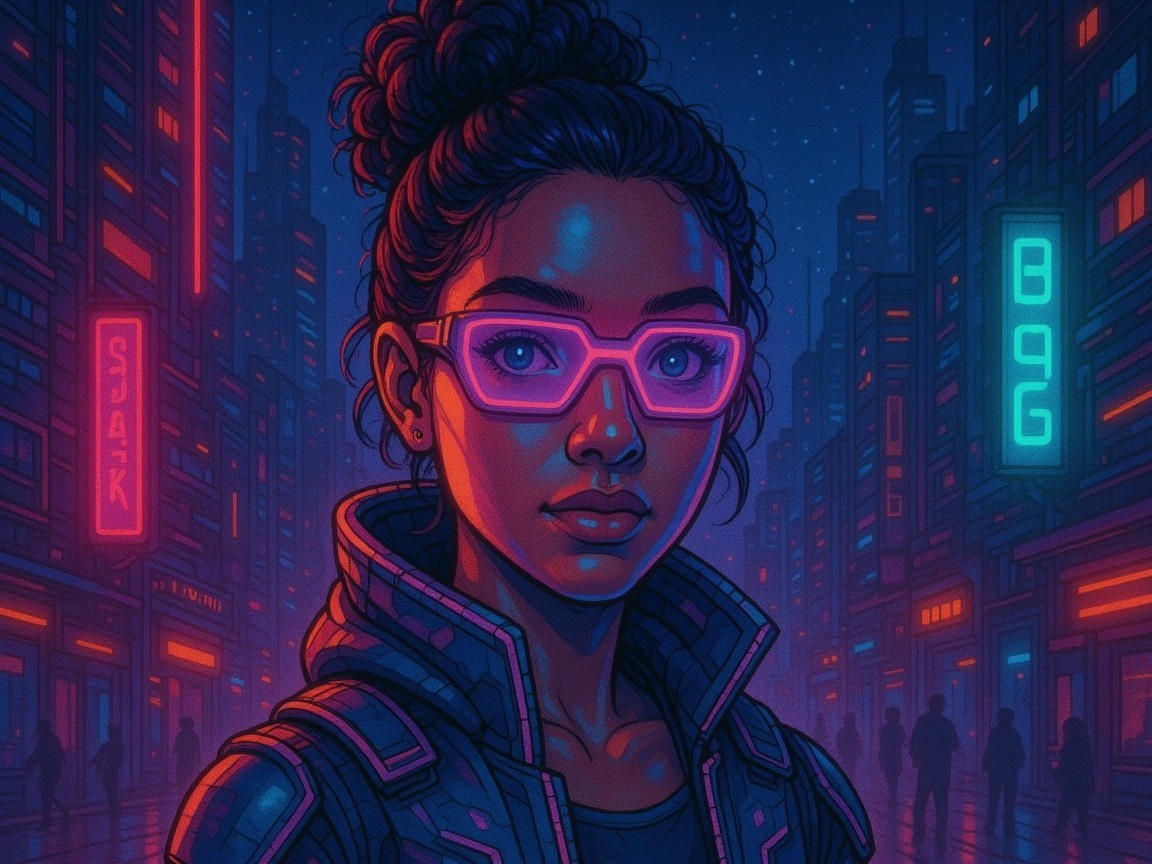 Futuristic cityscape with neon colors and confident woman