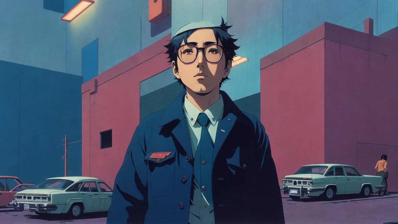 Young man in blue jacket in vibrant urban setting