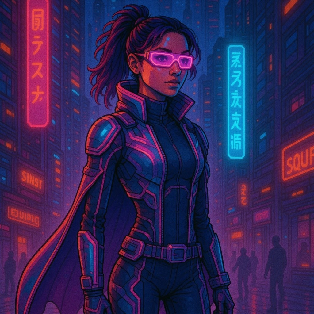 Futuristic Cityscape with Confident Woman in Neon Lights
