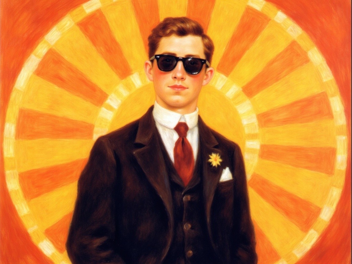 Young man in stylish outfit against sunburst background