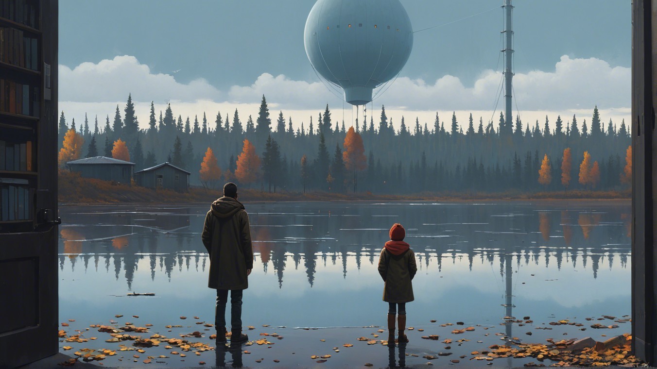 Man and child at lake with futuristic balloon above