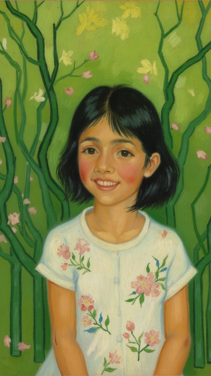 Young girl with dark hair in a floral setting