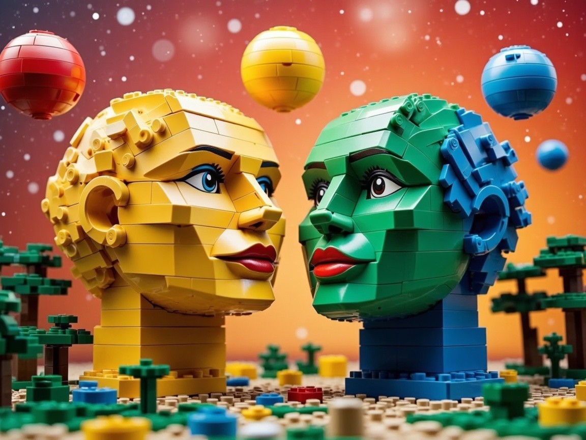 Colorful LEGO Heads in Cosmic Playful Scene