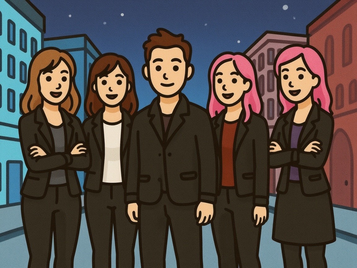Stylish Group in Black Suits on City Street at Night