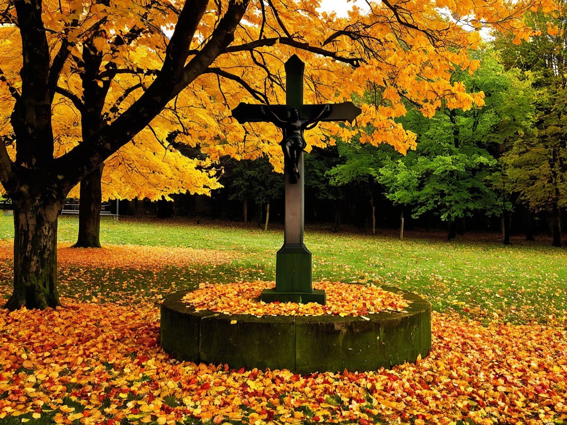 Black Crucifix Surrounded by Autumn Leaves and Trees