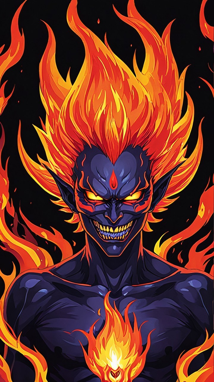 Menacing Figure with Fiery Hair and Dark Blue Skin