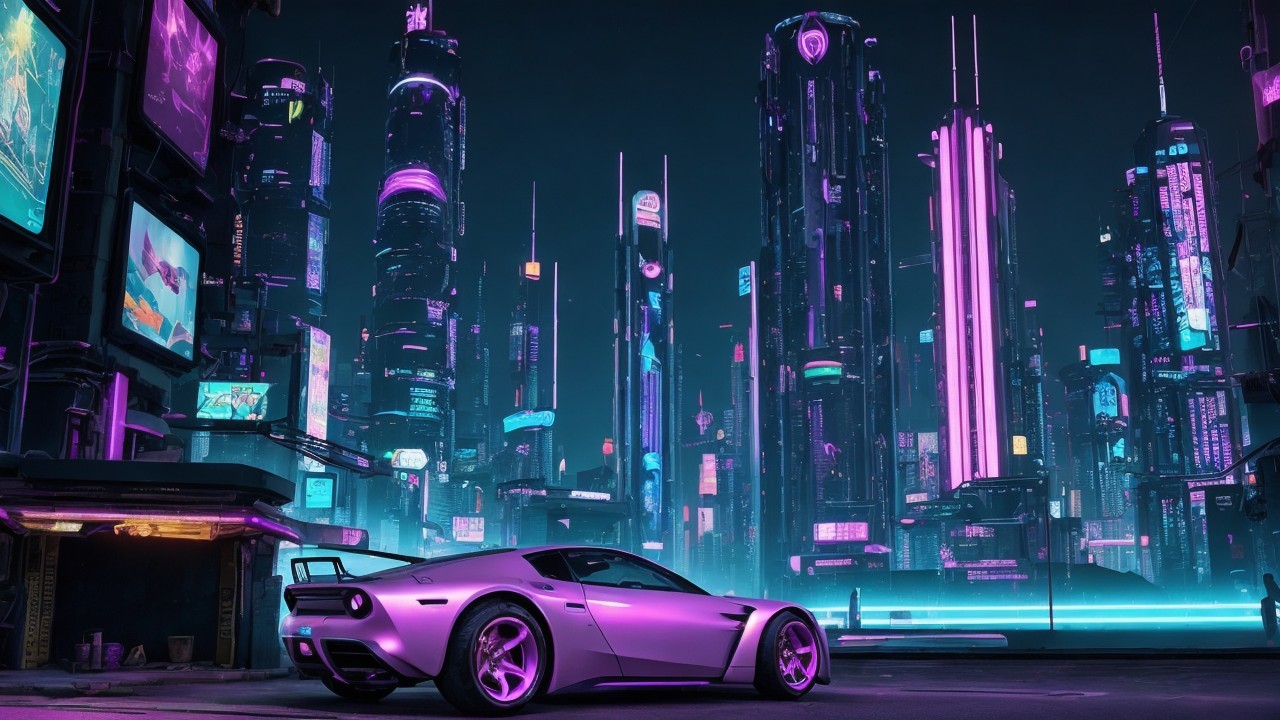 Purple Sports Car in Futuristic Neon Cityscape