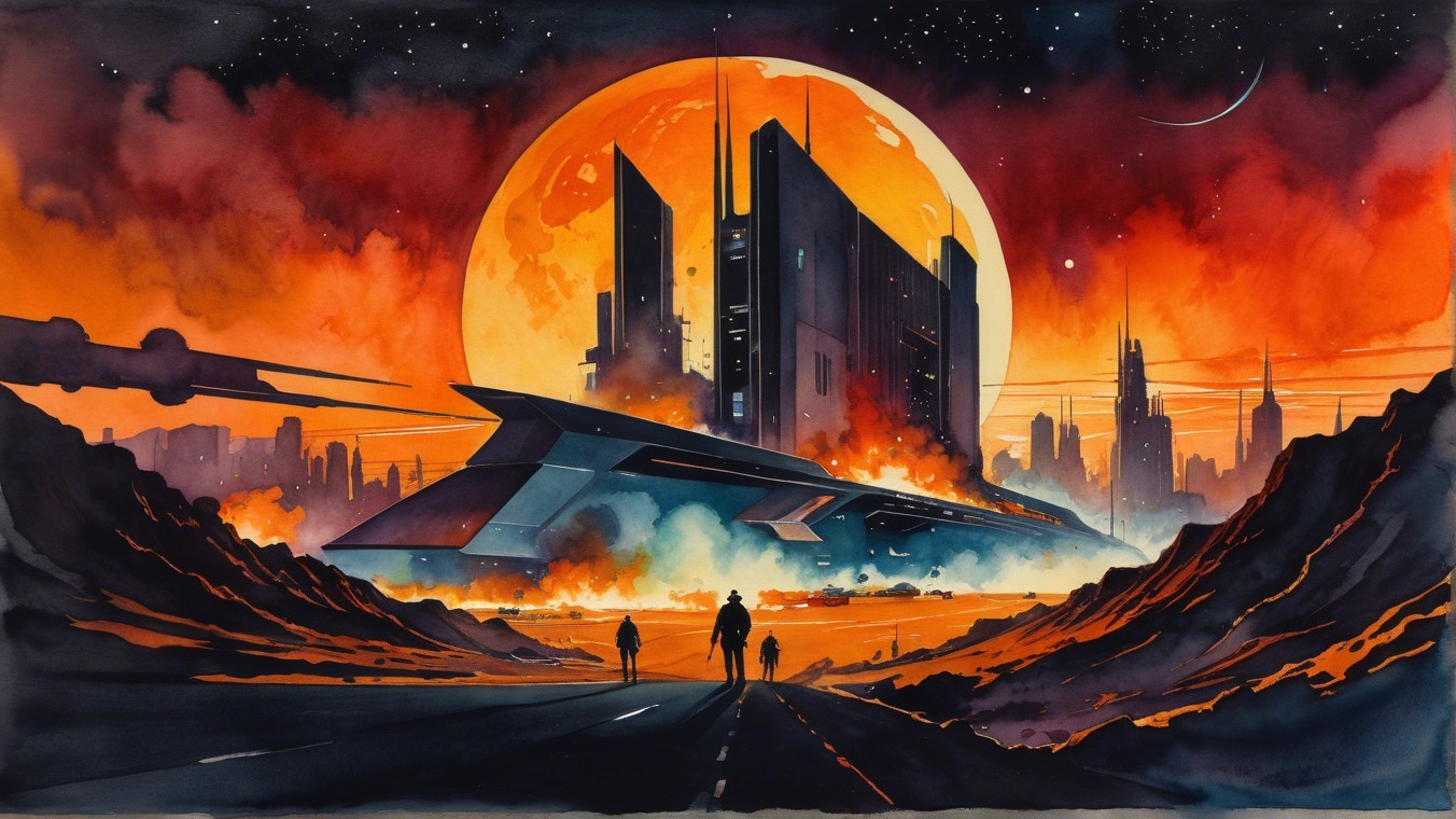 Futuristic Sci-Fi Landscape with Spaceship and Cityscape