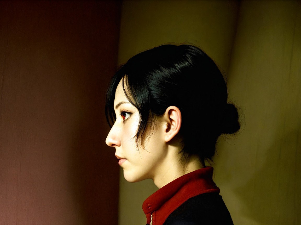 Profile View of Young Woman with Dark Hair and Collar