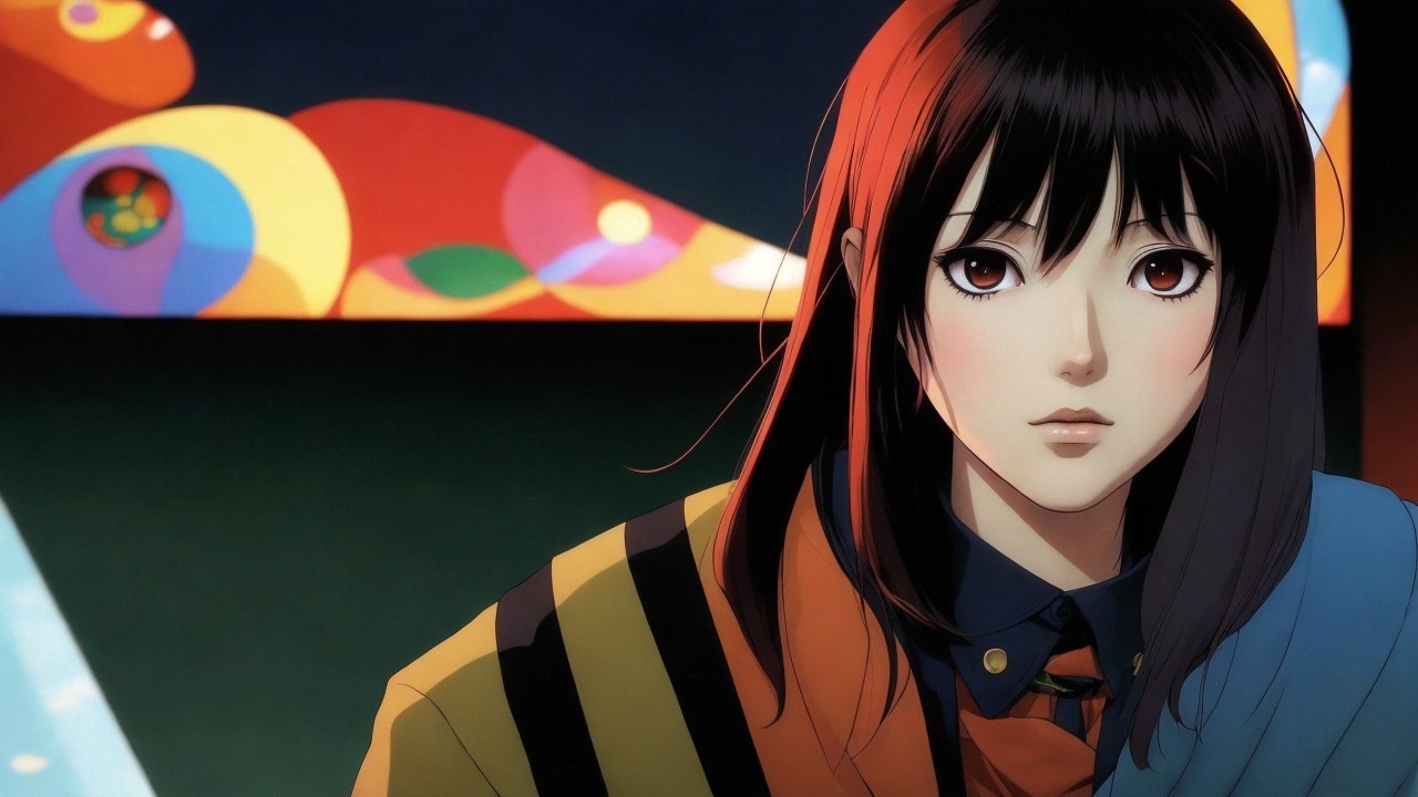 Young woman with black hair and red eyes in stripes