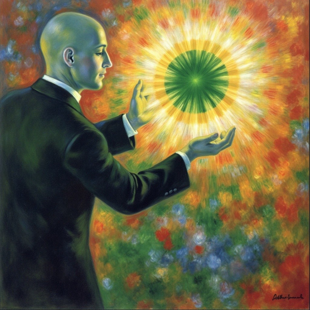 Bald Man in Suit Reaching for Radiant Light Orb