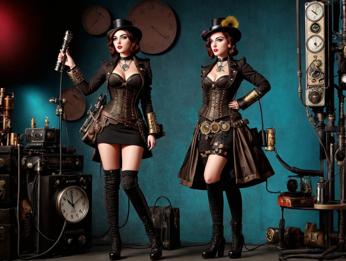 Steampunk Fashion with Stylish Women and Vintage Backdrop