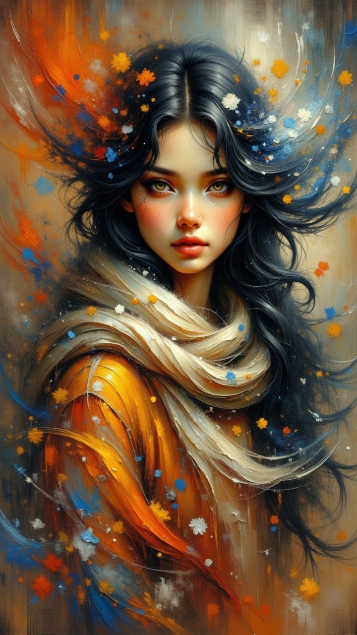 Portrait of a Young Woman with Autumn Leaves and Colors