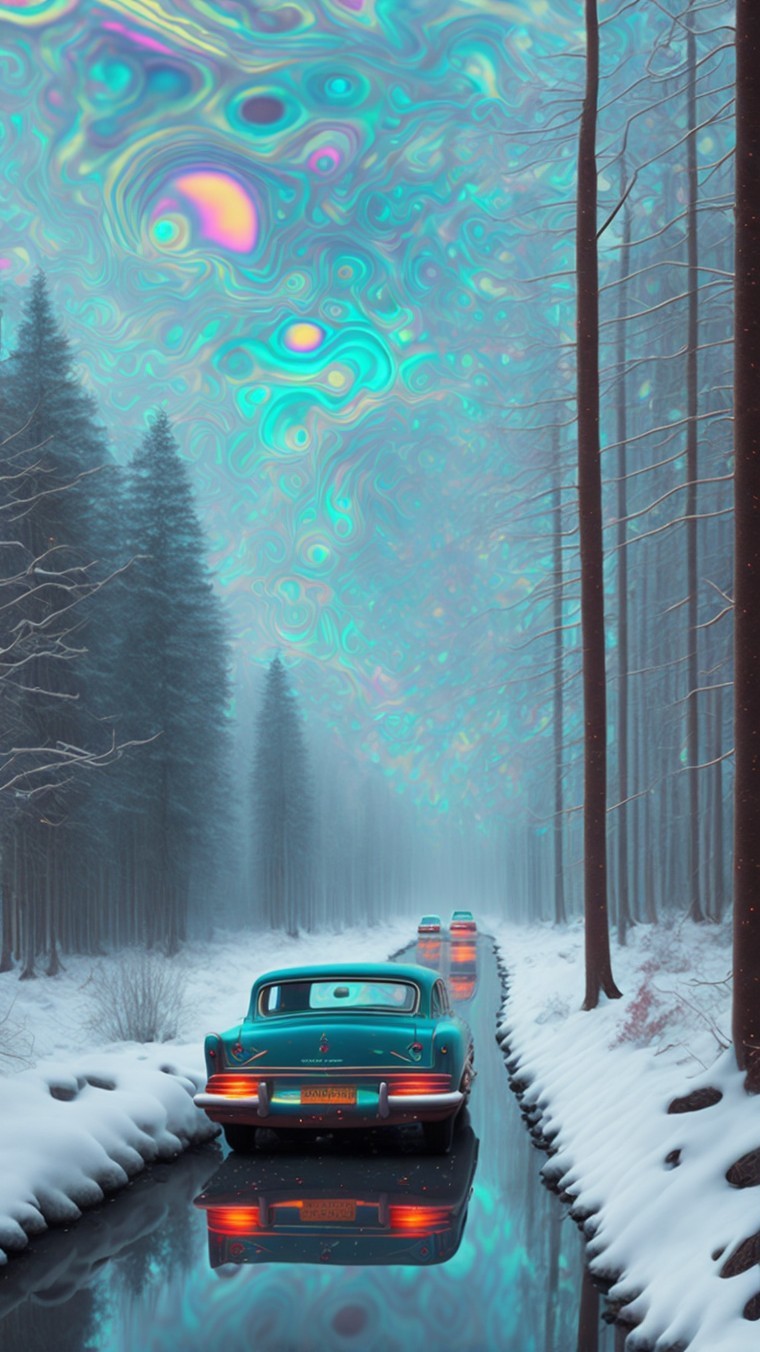 Vintage Turquoise Car on Snowy Road with Dreamlike Sky