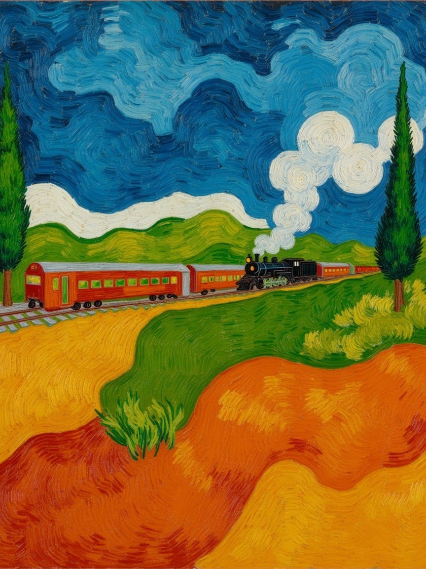 Vibrant Landscape with Steam Train on Winding Track