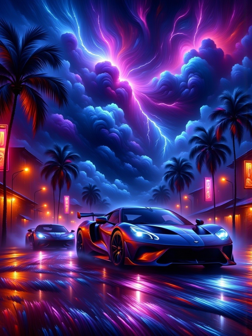 Neon-lit street scene with sports cars and palm trees