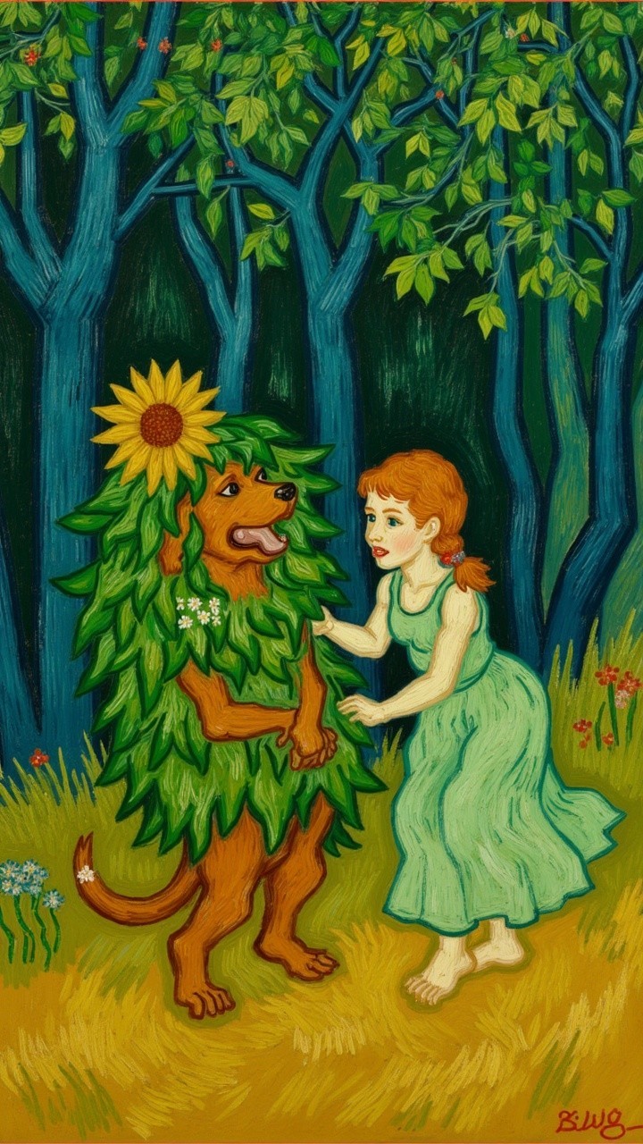 Young Girl and Dog Play in Enchanted Forest Setting