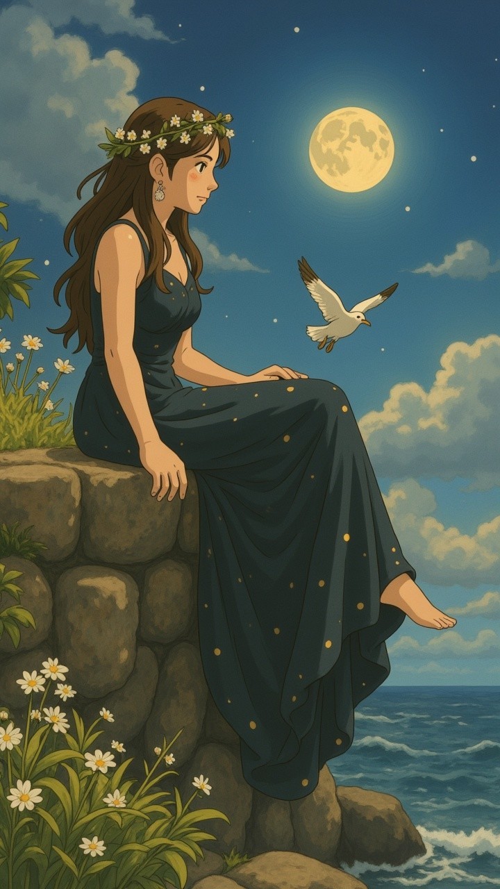 Young Woman in Dark Gown by the Serene Sea