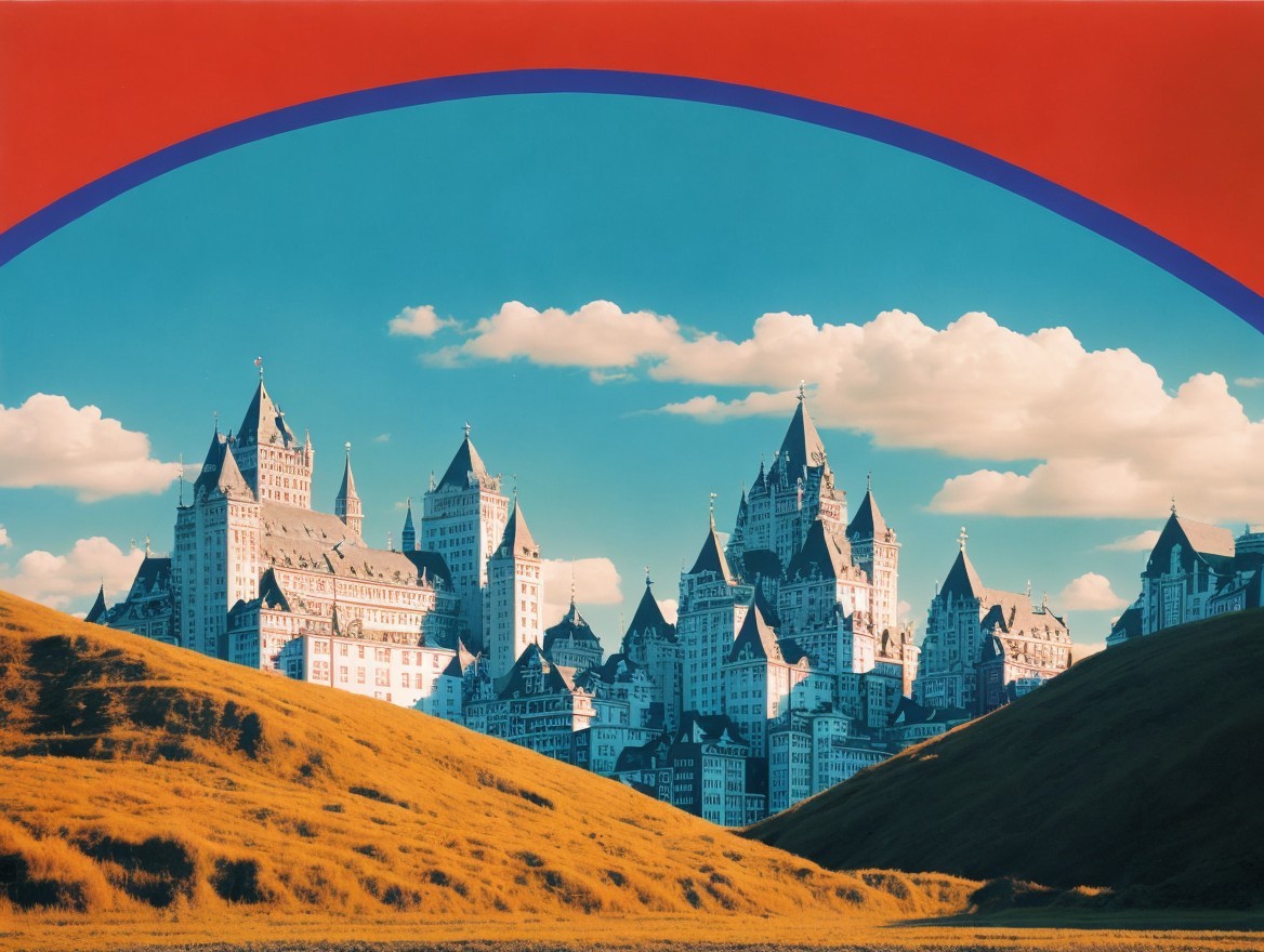 Majestic castle complex with spires and vibrant sky
