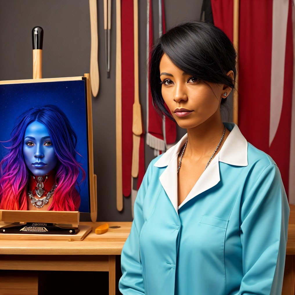 Elegant Woman with Art Easel and Portrait Displayed