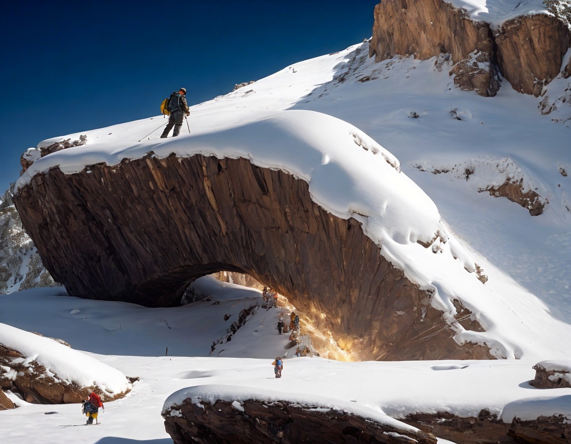 Winter Landscape with Snow-Covered Rock Arch and Climbers