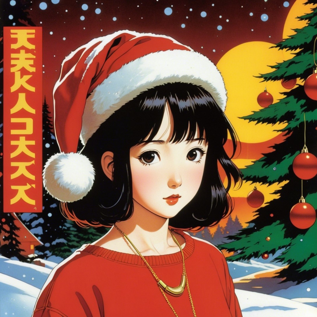 Anime Illustration of Woman in Snowy Christmas Scene