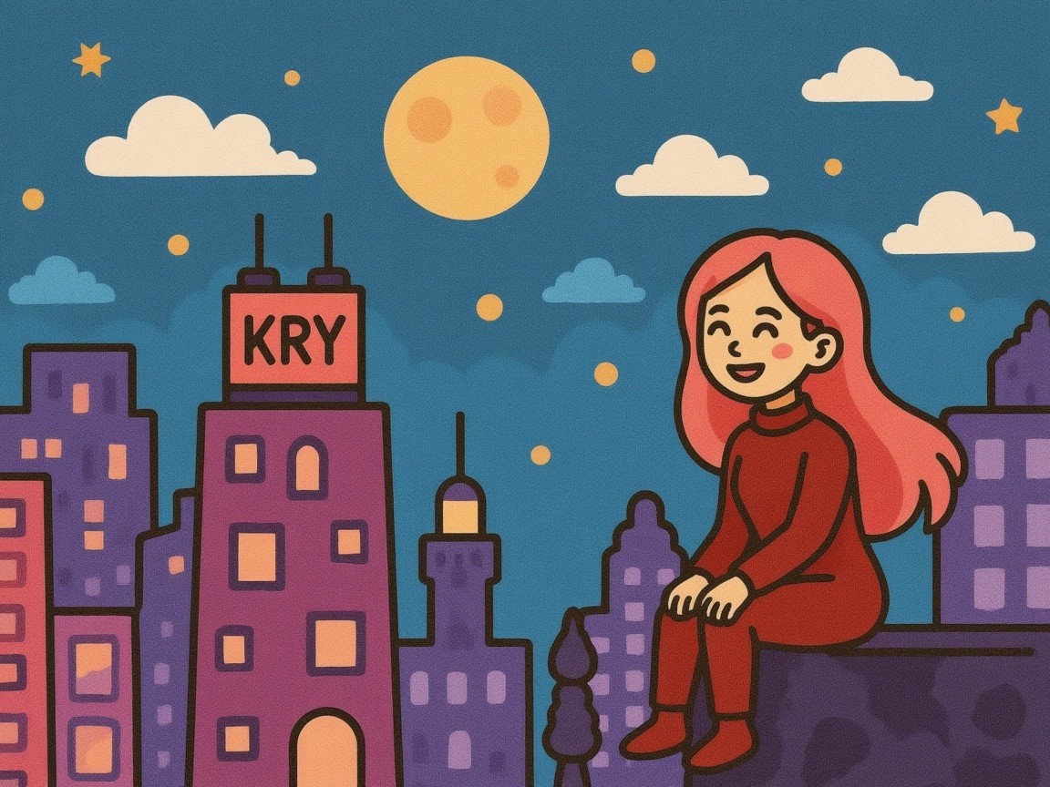 Cheerful girl on rooftop with colorful city skyline