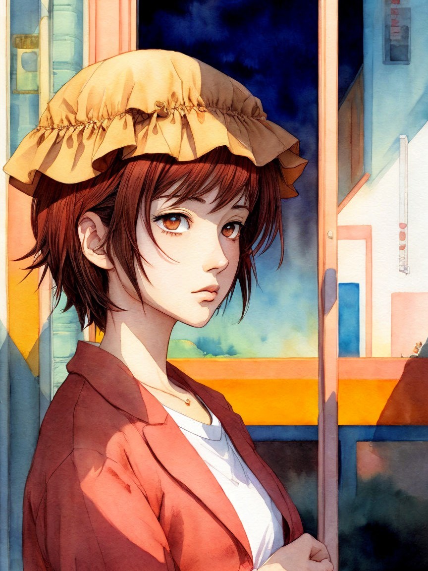 Young woman with short reddish-brown hair in serene scene