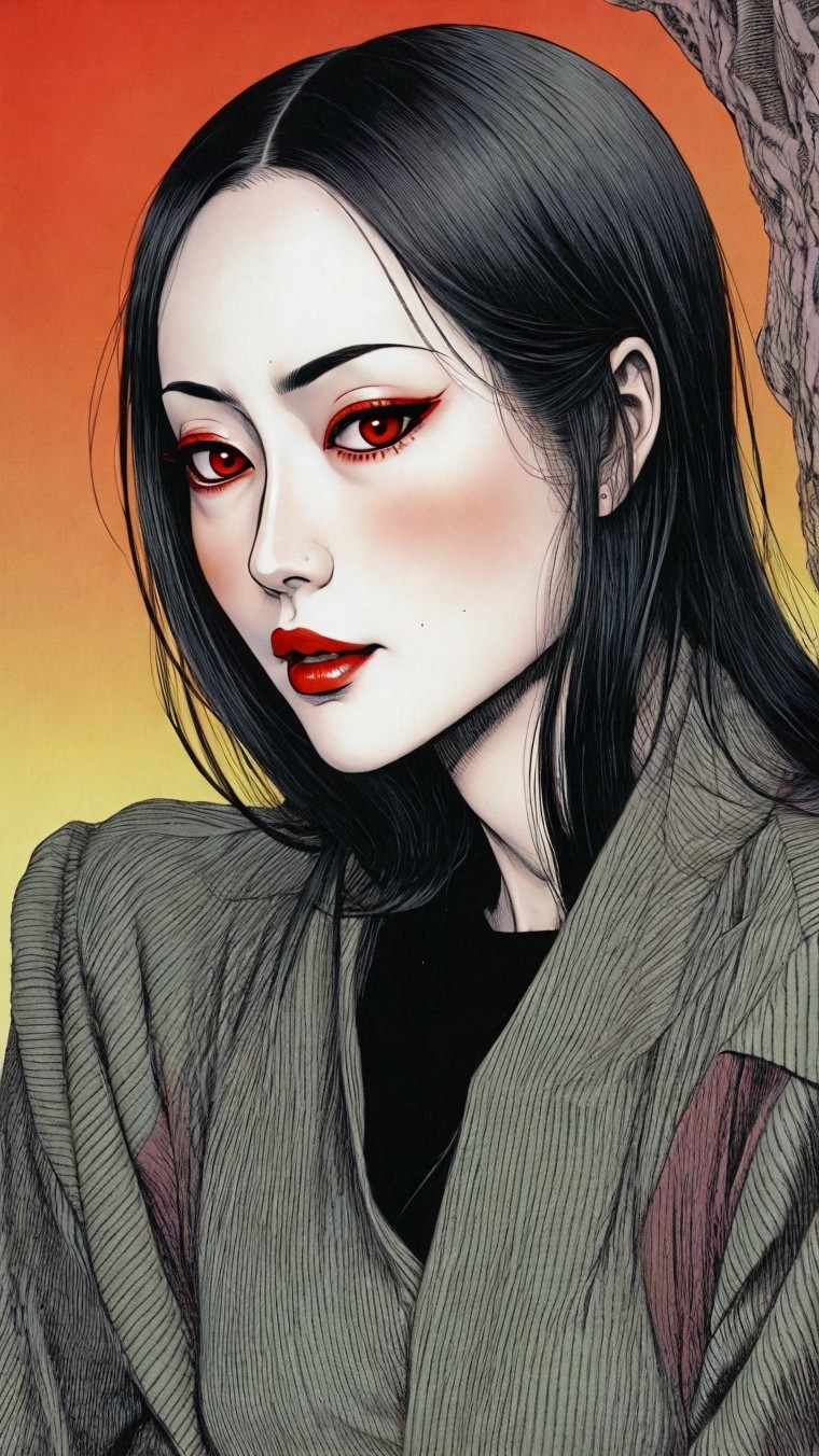 Portrait of a Young Woman with Black Hair and Red Eyes