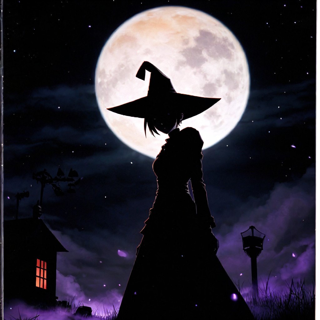 Silhouette of a Witch Against a Full Moon Background