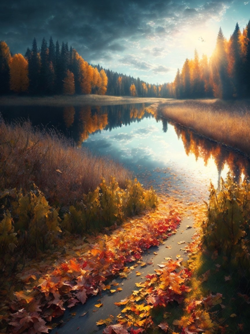Serene sunset landscape with autumn foliage and river