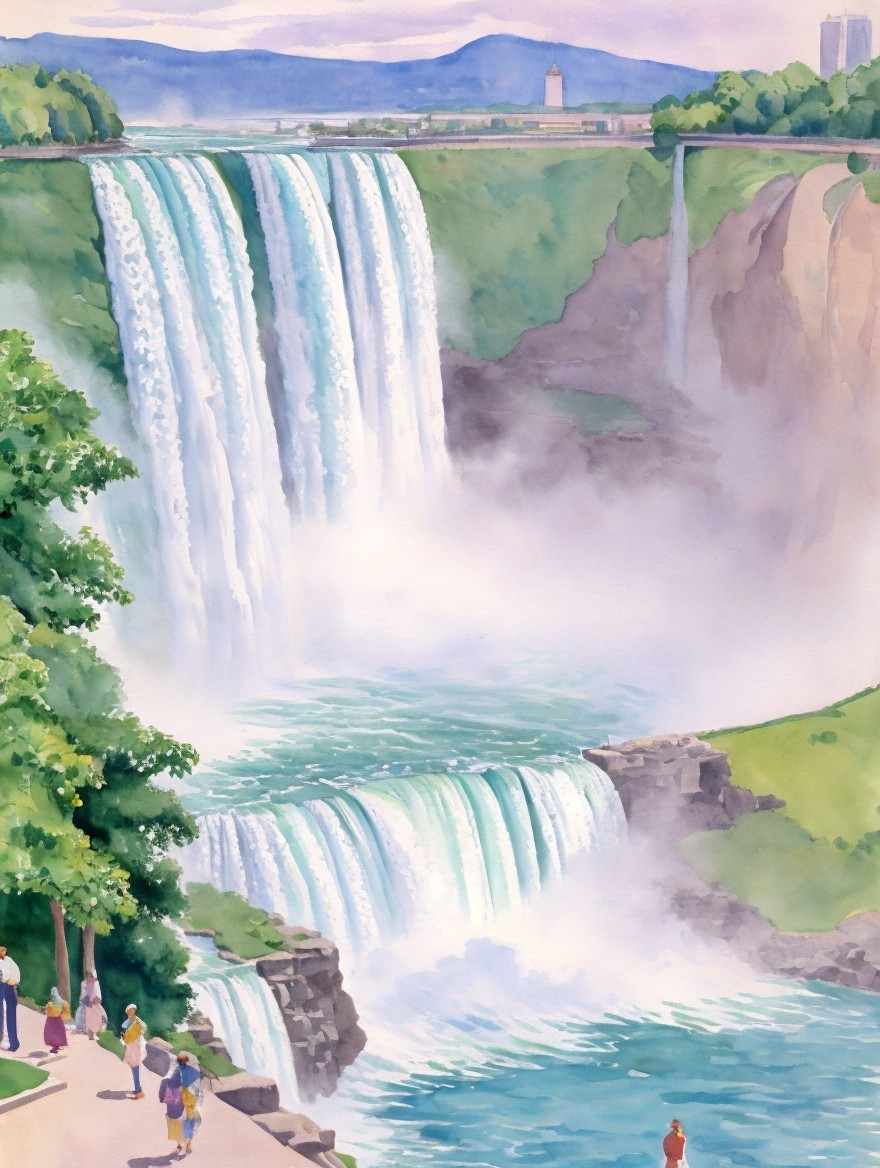 Vibrant Watercolor of Niagara Falls with Lush Greenery