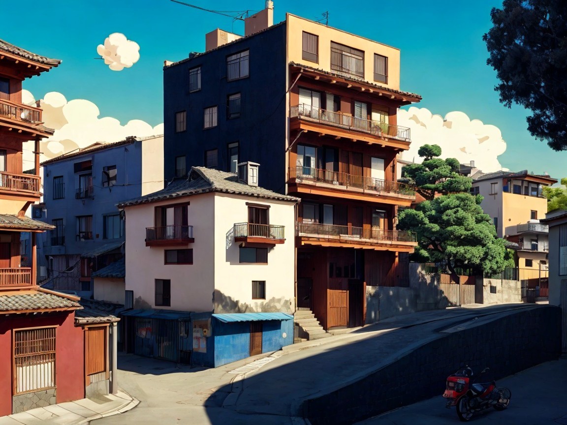 Vibrant Urban Scene with Colorful Buildings and Nature