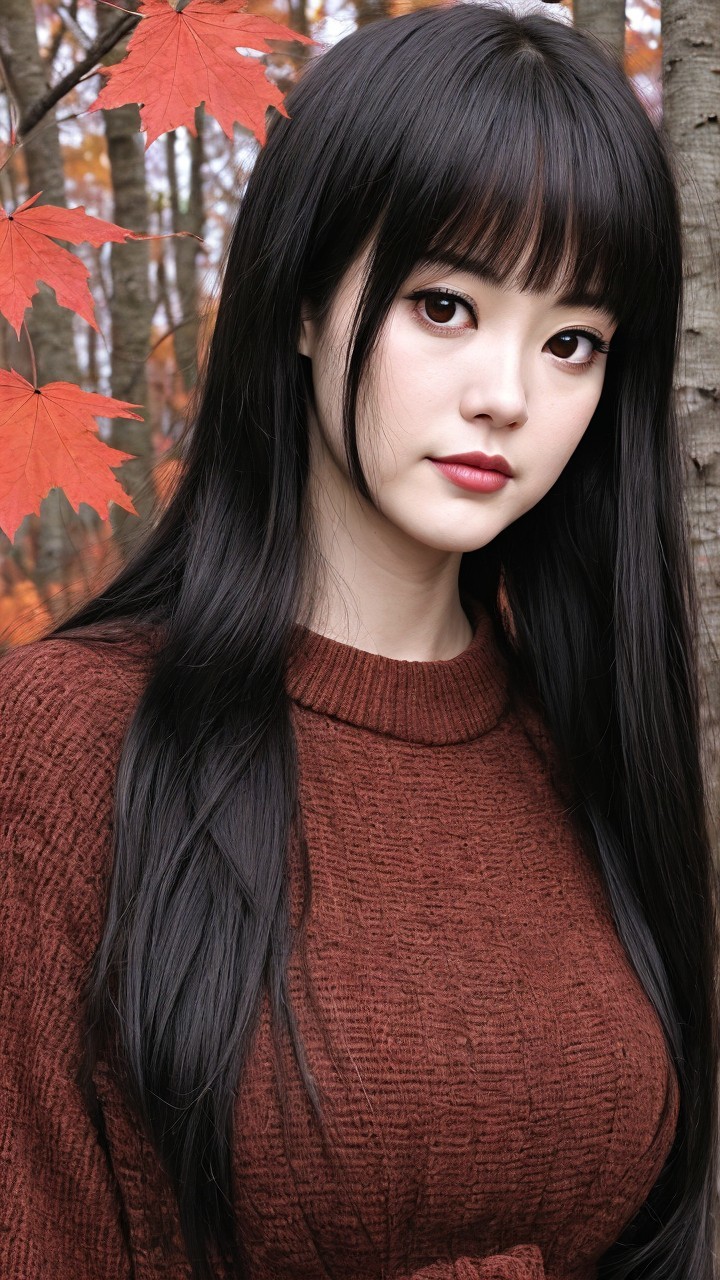 Young woman in cozy sweater amid autumn foliage