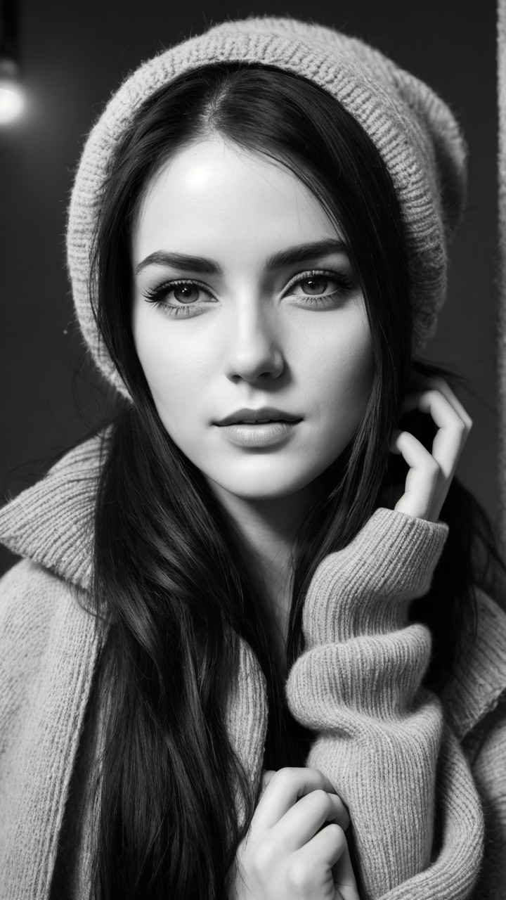 Close-Up Portrait of a Young Woman in Black and White