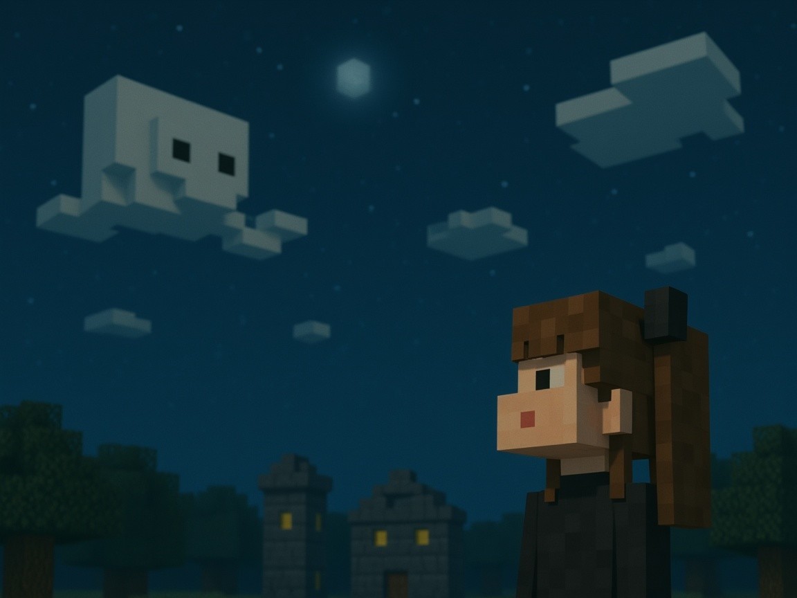 Pixelated Character in Blocky Night Landscape