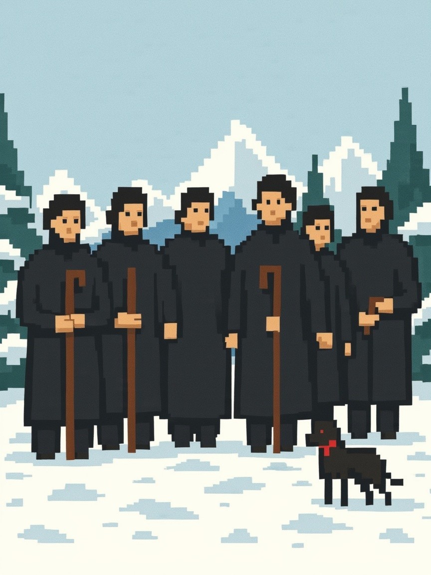 Pixel Art of Figures in Black Coats in Snowy Landscape