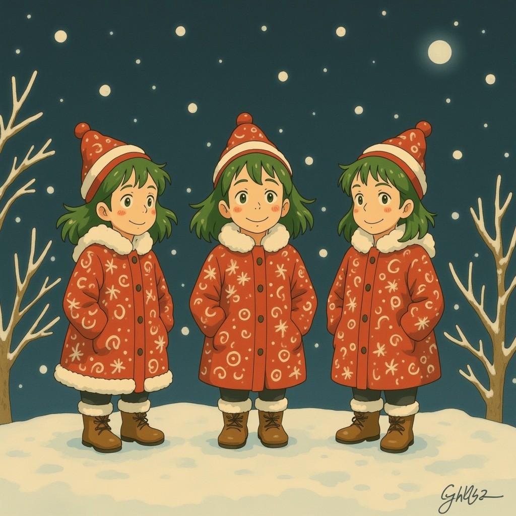 Cheerful Animated Girls in Snowy Winter Landscape