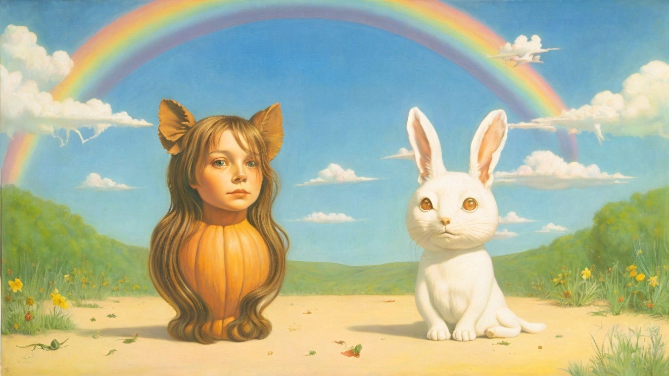 Surreal Landscape with Girl, Rabbit, and Pumpkin