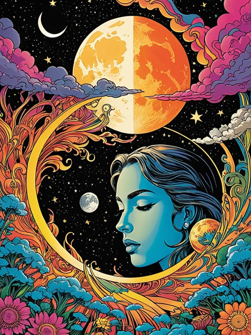 Vibrant Cosmic Landscape with Floral Patterns and Moon