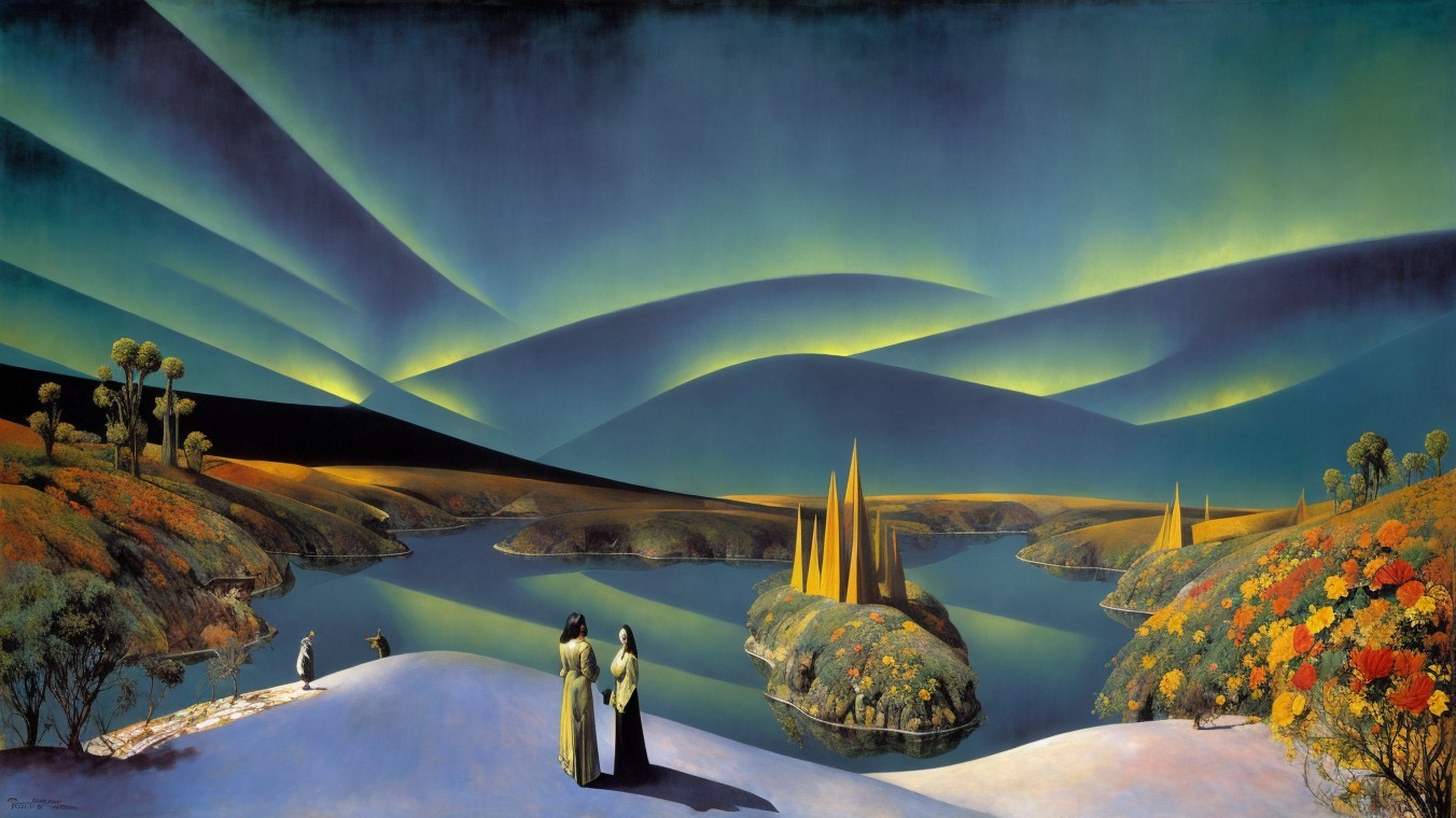 Surreal Landscape with Figures by a Serene Lake