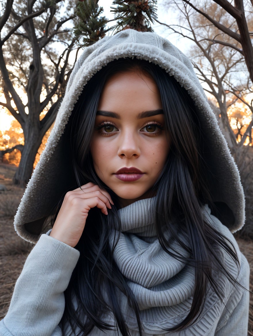 Young woman in hoodie against serene sunset backdrop