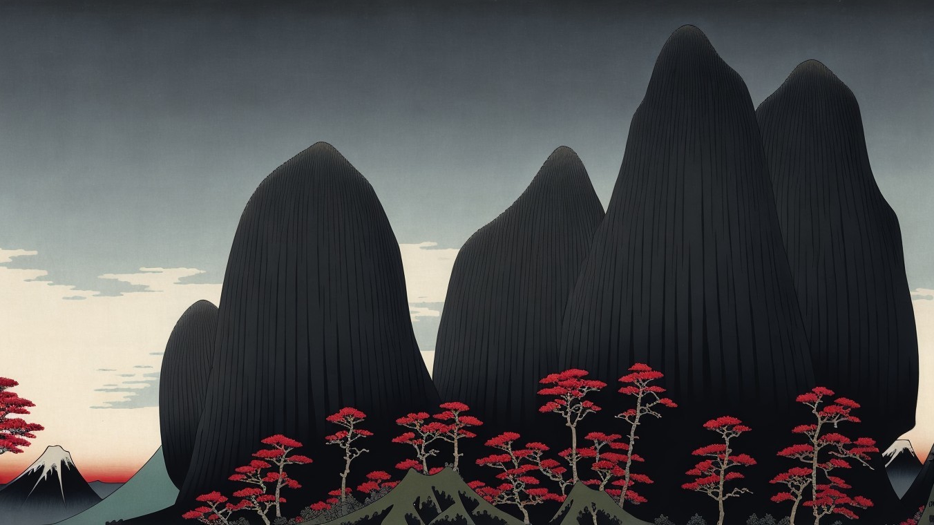Serene Landscape with Stylized Mountains and Trees