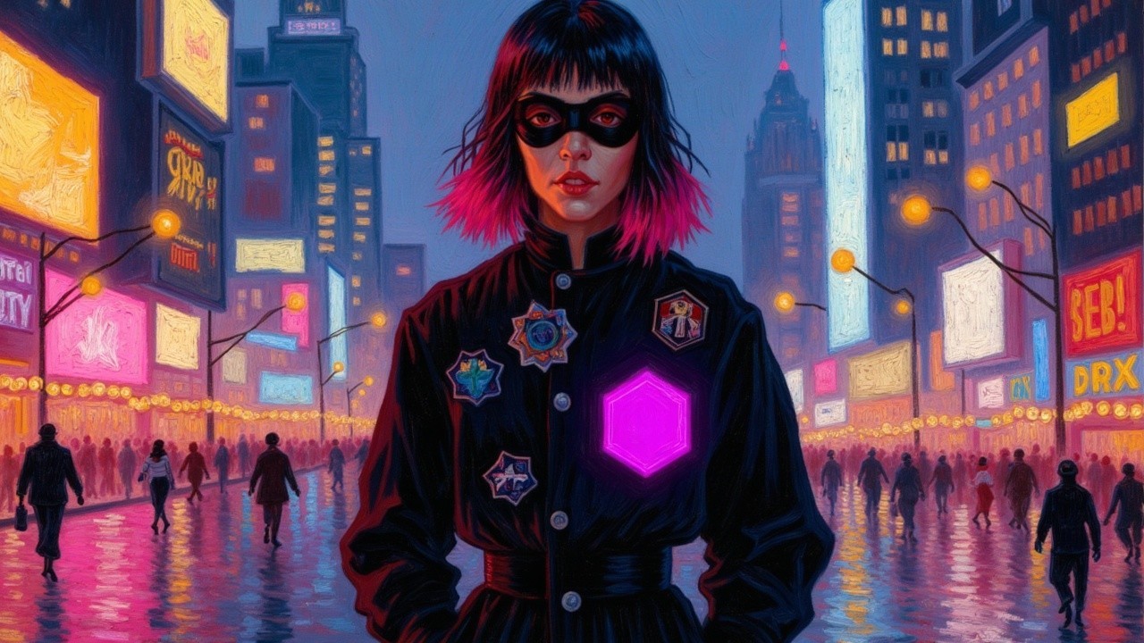 Young woman in neon cityscape with pink hair and mask