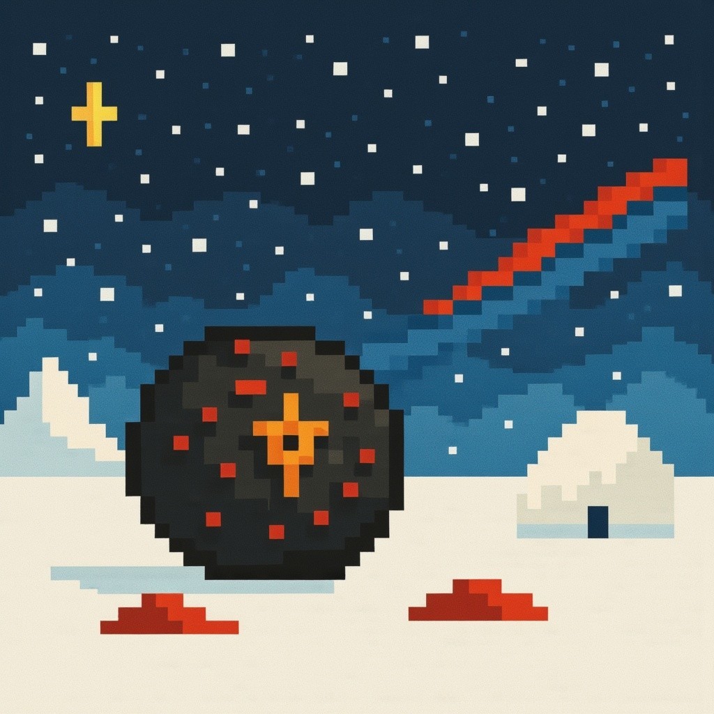 Snowy Night Landscape with Glowing Sphere and Igloo